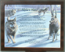 Original Poem, 'Akela's Hat'© shown in Walnut color frame on 'Wolves' background